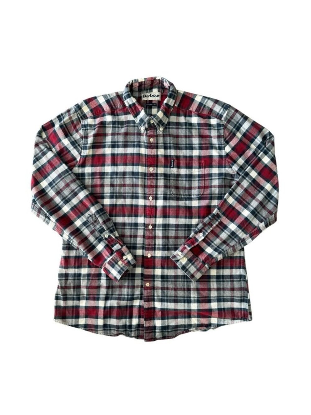 Barbour Flannel Shirt Highland Check 31 Tailored Mens Large Red Blue Plaid
